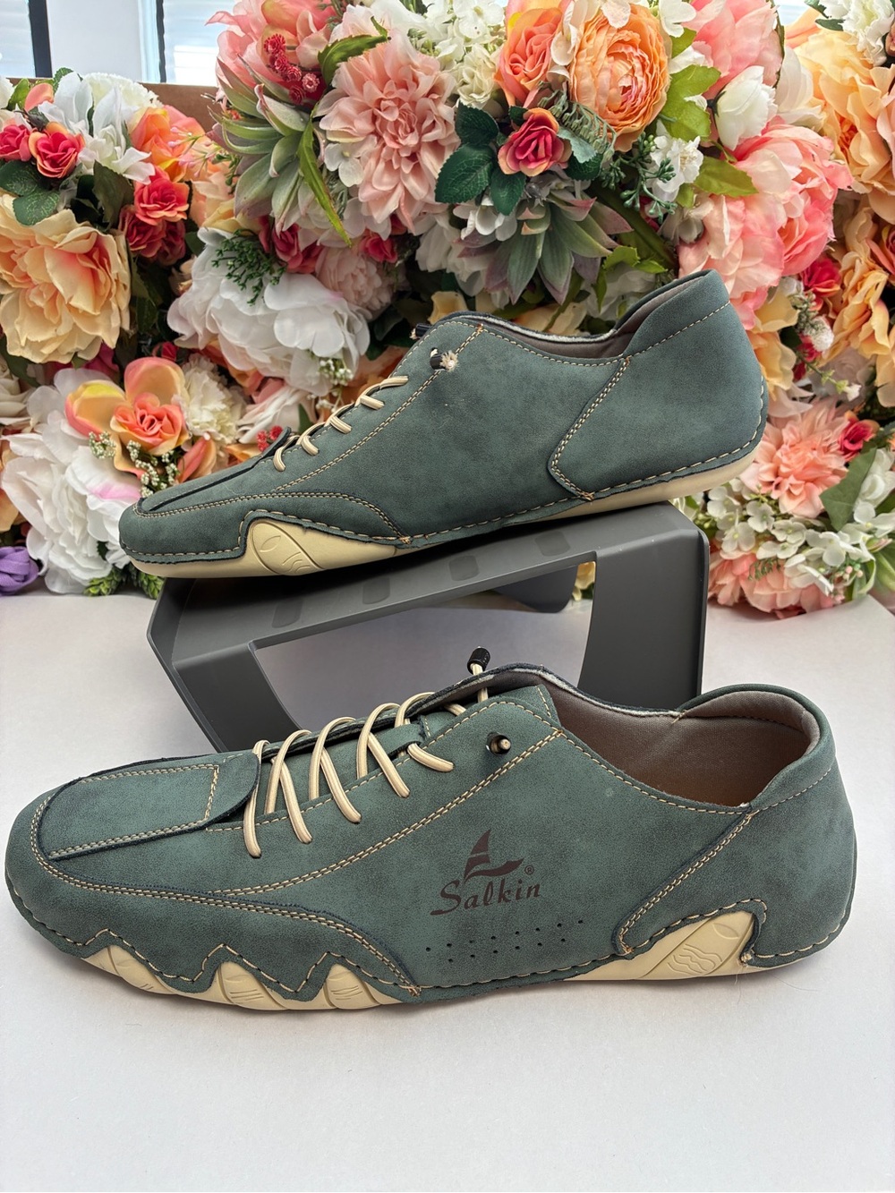 Salkin USA Men’s Green Casual Walking Shoes Hand-Stitched Elastic Lace EU 47
